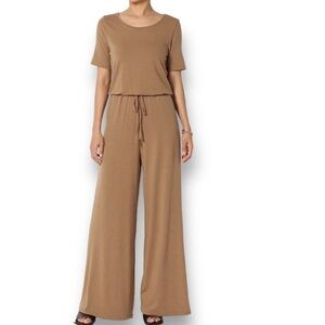 Classy Brown Jumpsuit Short Sleeve Wide Leg Loose Fit Plus Size 1X